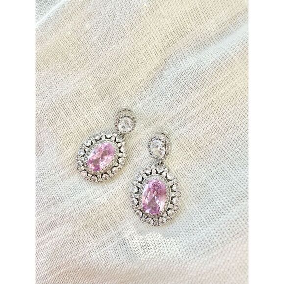 Light pink Double oval cubic zirconia Rafael style dangle earrings - Picture 4 of 4